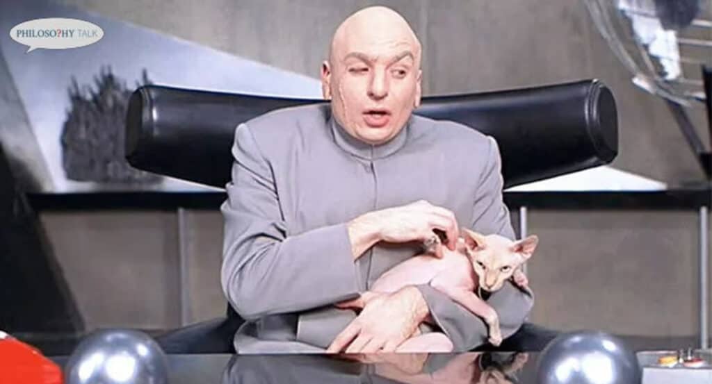 Dr. Evil holding a hairless cat, pondering the problem of evil.