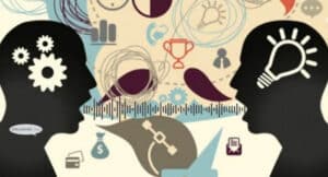 Two heads communicating, illustrating the relationship between language and thought.