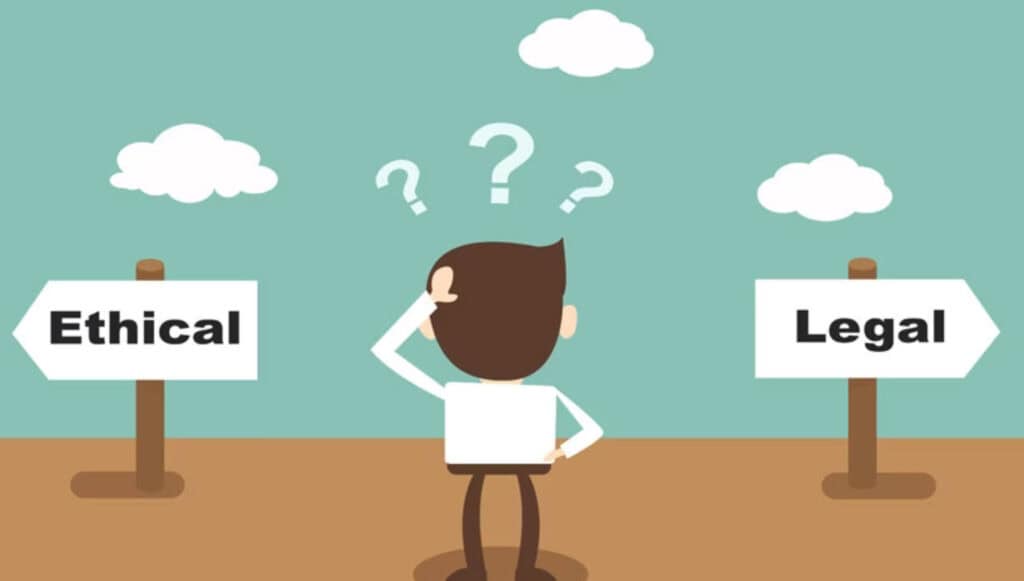 Confused businessman choosing between ethical and legal paths. Legal ethics decision.