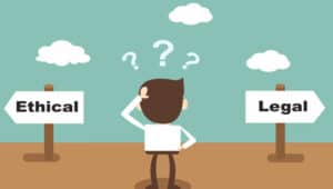 Confused businessman choosing between ethical and legal paths. Legal ethics decision.