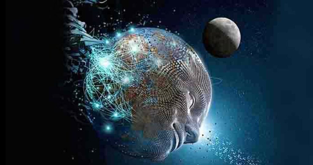 Abstract artwork depicting a human face merging with Earth, representing the mind and the world.