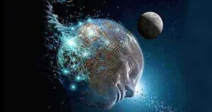 Abstract artwork depicting a human face merging with Earth, representing the mind and the world.