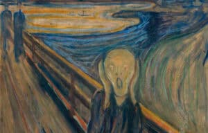 Edvard Munch's The Scream; a figure with hands over its ears, expressing anguish against a swirling, blood-red sky. Existential dread is palpable.