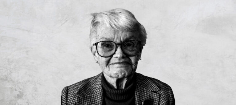 Black and white portrait of Philippa Foot, a renowned moral philosopher known for her work in ethics, particularly the Trolley Problem.