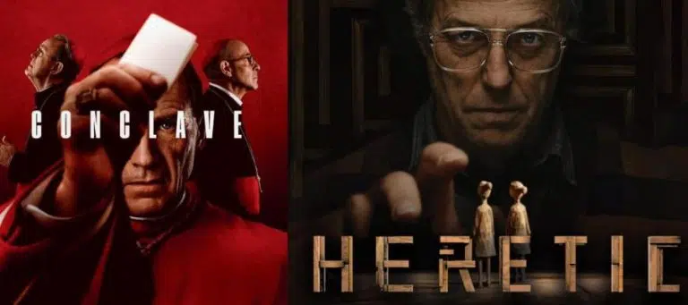 Conclave and Heretic movie posters: pugnacious priests and creepy converts.