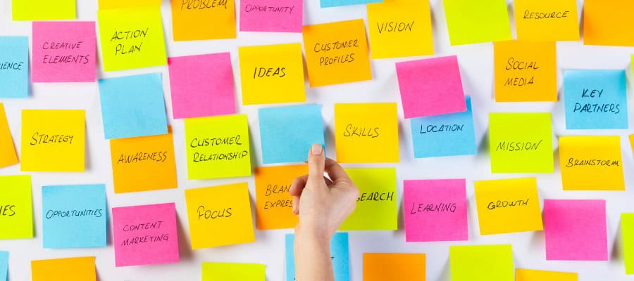 Colorful sticky notes on a whiteboard brainstorm ideas, strategy, and customer relationships. Who owns these ideas?