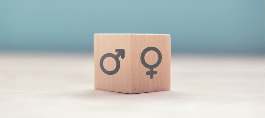Wooden cube with male and female gender symbols.