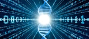Abstract image of DNA helix in a binary code tunnel. Genetic determinism concept.