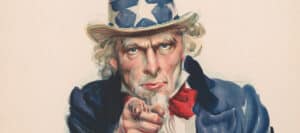 Uncle Sam points, urging recruitment; World War I era propaganda poster.