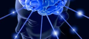 Human brain with glowing neural connections, illustrating the evolution of the human mind.