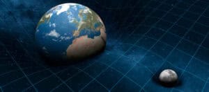Earth and moon curving spacetime, illustrating quantum reality.