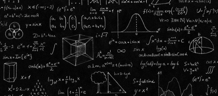 Blackboard filled with complex mathematical formulas and equations. Illustrates the beauty of math.