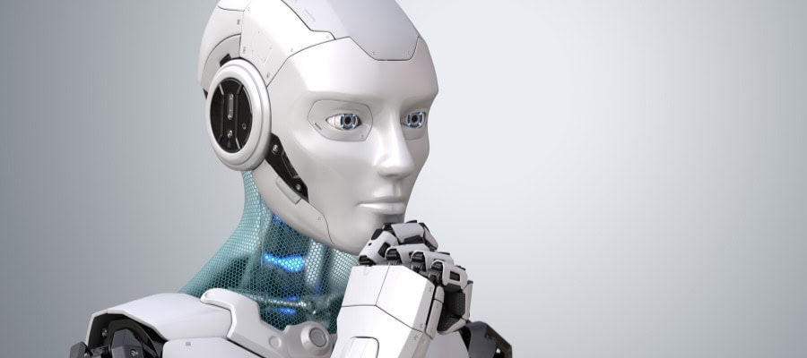 Thoughtful humanoid robot, demonstrating AI capabilities. Can machines think?