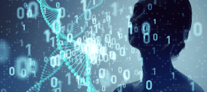 Abstract image of a DNA strand and a person's profile, overlaid with binary code. Genetic engineering concept.