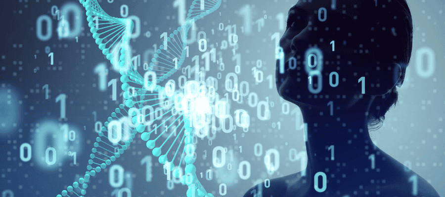 Abstract image of a DNA strand and a person's profile, overlaid with binary code. Genetic engineering concept.
