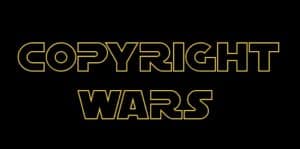Graphic text: Copyright Wars, styled like Star Wars title card.