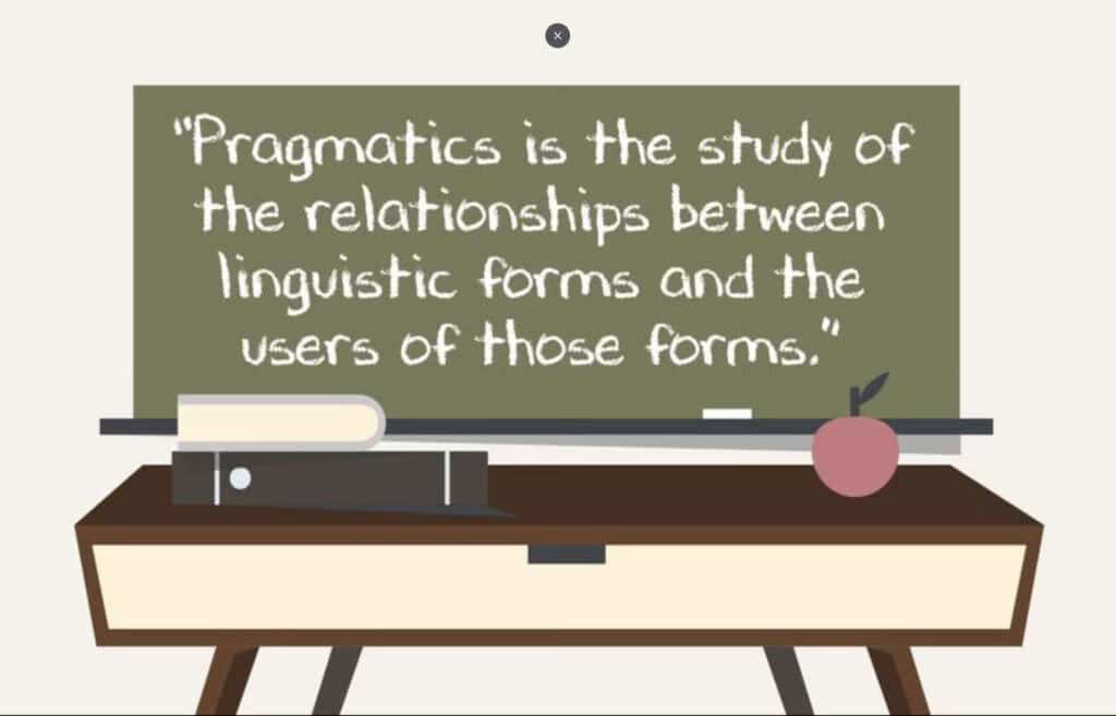 Chalkboard explaining pragmatics: the study of relationships between linguistic forms and their users.