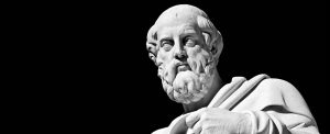 Close-up of a marble bust of Plato, the ancient Greek philosopher.