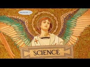Angelic figure holding a sign reading "SCIENCE," exploring the relationship between science and religion.