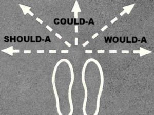 Footprints at a crossroads with arrows pointing to "Should-a," "Could-a," and "Would-a," illustrating second-guessing.