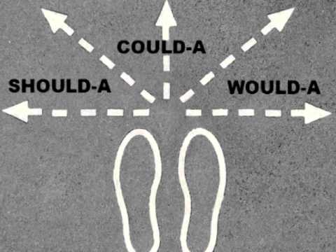 Footprints at a crossroads with arrows pointing to "Should-a," "Could-a," and "Would-a," illustrating second-guessing.