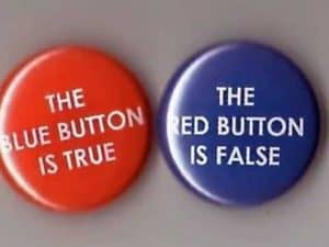 Two buttons: "The blue button is true" and "The red button is false." Truth and fiction.