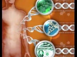 Human body with DNA strands connected to medical, technology, and money icons. Bioethics concept.