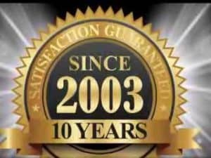 Gold 10th anniversary seal: Satisfaction Guaranteed since 2003