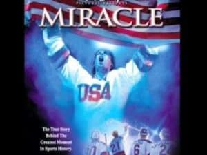 Movie poster for Miracle, depicting the 1980 US Olympic hockey team's victory.