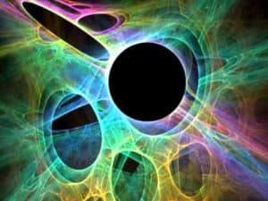 Abstract representation of time, space, and quantum mechanics; swirling colors and a central black hole.