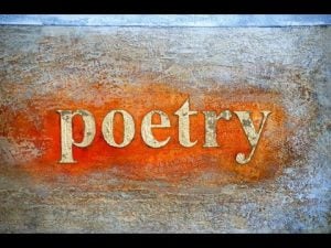 The word "poetry" in aged, metallic lettering on a rusty, textured background.