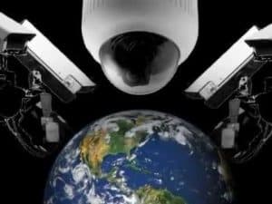 Surveillance cameras orbiting Earth; a depiction of a new surveillance society.