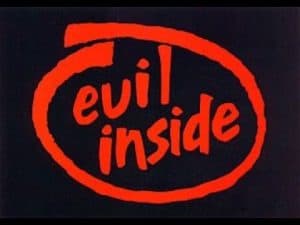 Red circle graphic with the words "evil inside" in bold red text.