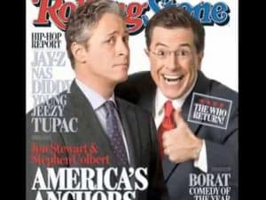 Rolling Stone cover featuring Jon Stewart and Stephen Colbert, labeled "America's Anchors.