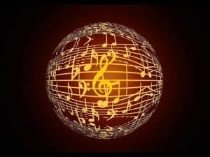 Sphere of musical notes and treble clef; the mystery of music.