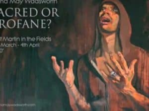 Woman in hooded robe, hands raised, expressing emotion; "Sacred or Profane?" exhibition poster.