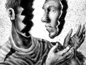 Abstract black and white artwork depicting a fractured face, exploring the limits of self-knowledge.