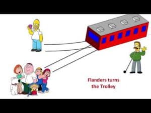 Animated characters illustrating the trolley problem; Homer Simpson, the Simpsons family, and Ned Flanders diverting a trolley.