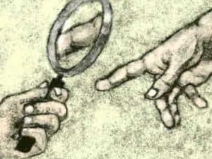 Hand with magnifying glass examining another hand, symbolizing faith and reason.