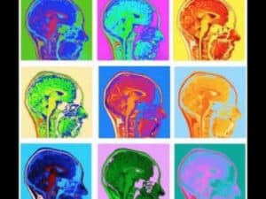Nine colorful brain scans arranged in a grid, showcasing the brain's artistic representation.