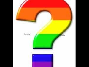 Rainbow question mark with purple and blue base; Gay Pride & Prejudice
