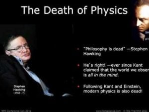 Stephen Hawking quote: "Philosophy is dead," alongside images of Hawking and Immanuel Kant, questioning if science has replaced philosophy.