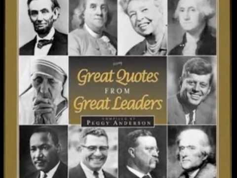 Book cover: Great Quotes from Great Leaders, featuring photos of historical figures like Abraham Lincoln, Mother Teresa, and John F. Kennedy.