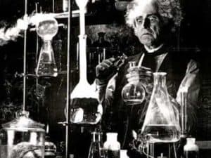 A 19th-century scientist conducts experiments in a dimly lit laboratory, exploring the dark side of science.