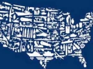 US map composed of military weapons and vehicles. Illustrates the military's impact.