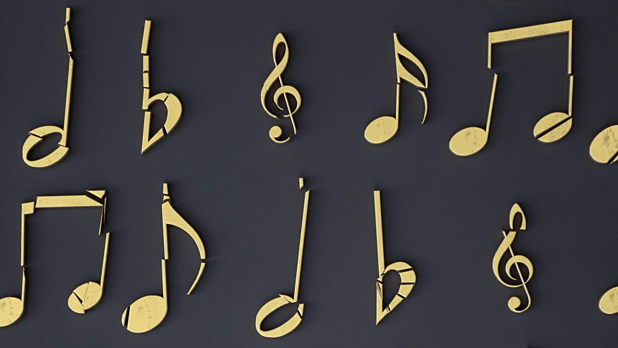 Broken gold musical notes and clefs on a dark background. What isn't music?