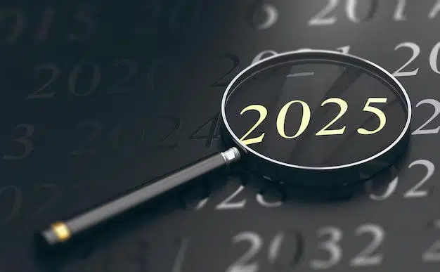 Magnifying glass over "2025" on a calendar. The Examined Year: 2025.