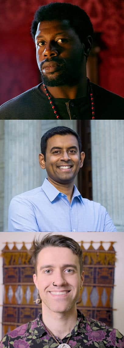 Three diverse individuals smiling: Black man, Indian man, and white person with nose ring.