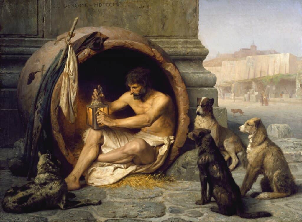 Diogenes in his barrel, holding a lantern, surrounded by dogs. Painting by Jean-Léon Gérôme.