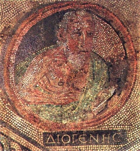 Mosaic of Diogenes, inscribed "ΔΙΟΓΕΝΗΣ". Ancient art representing honesty and simplicity.
